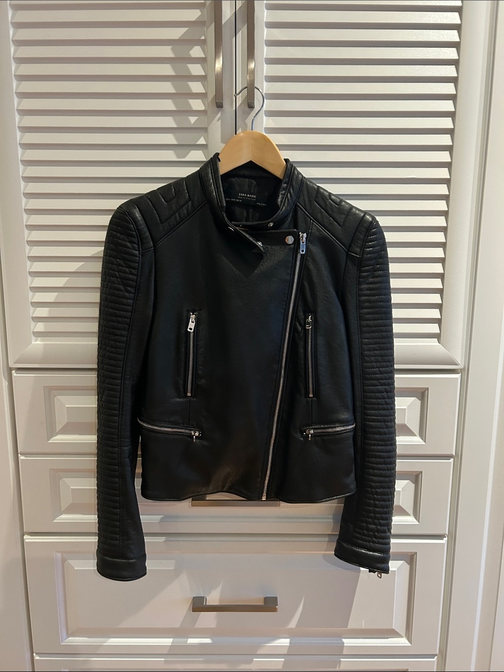 Zara Black Quilted-Sleeve Faux Leather Moto Jacket